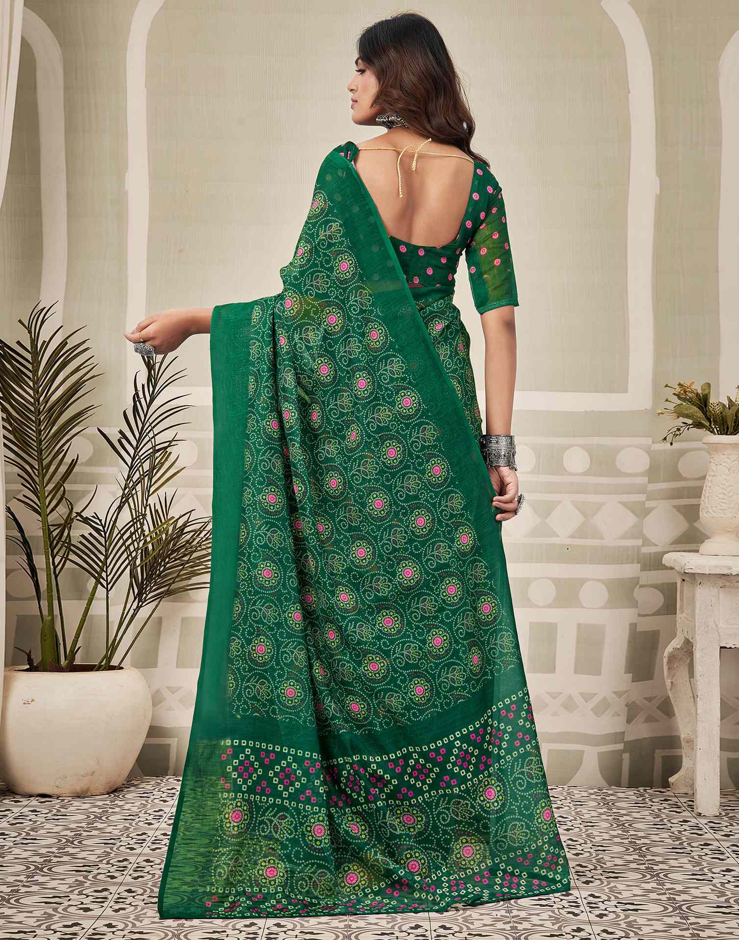 Green Linen Bandhani Printed Saree