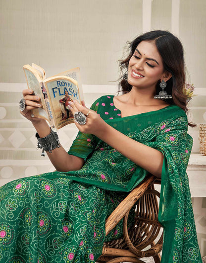 Green Linen Bandhani Printed Saree