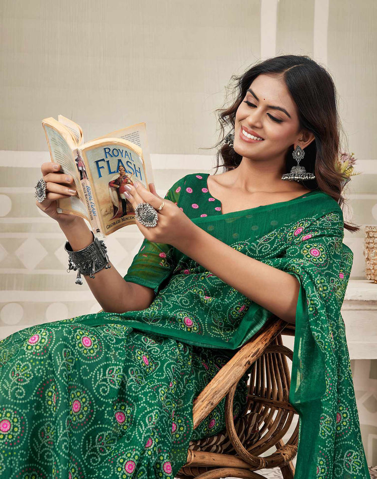 Green Linen Bandhani Printed Saree
