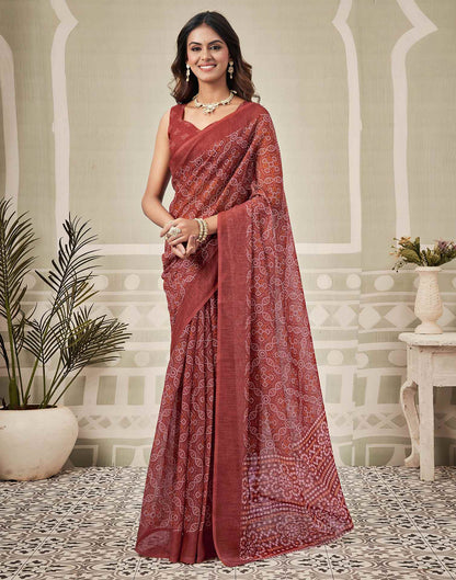 Dusty Maroon Linen Bandhani Printed Saree