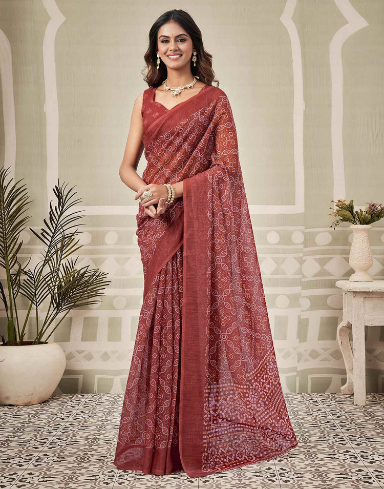 Dusty Maroon Linen Bandhani Printed Saree