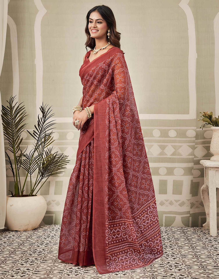 Dusty Maroon Linen Bandhani Printed Saree