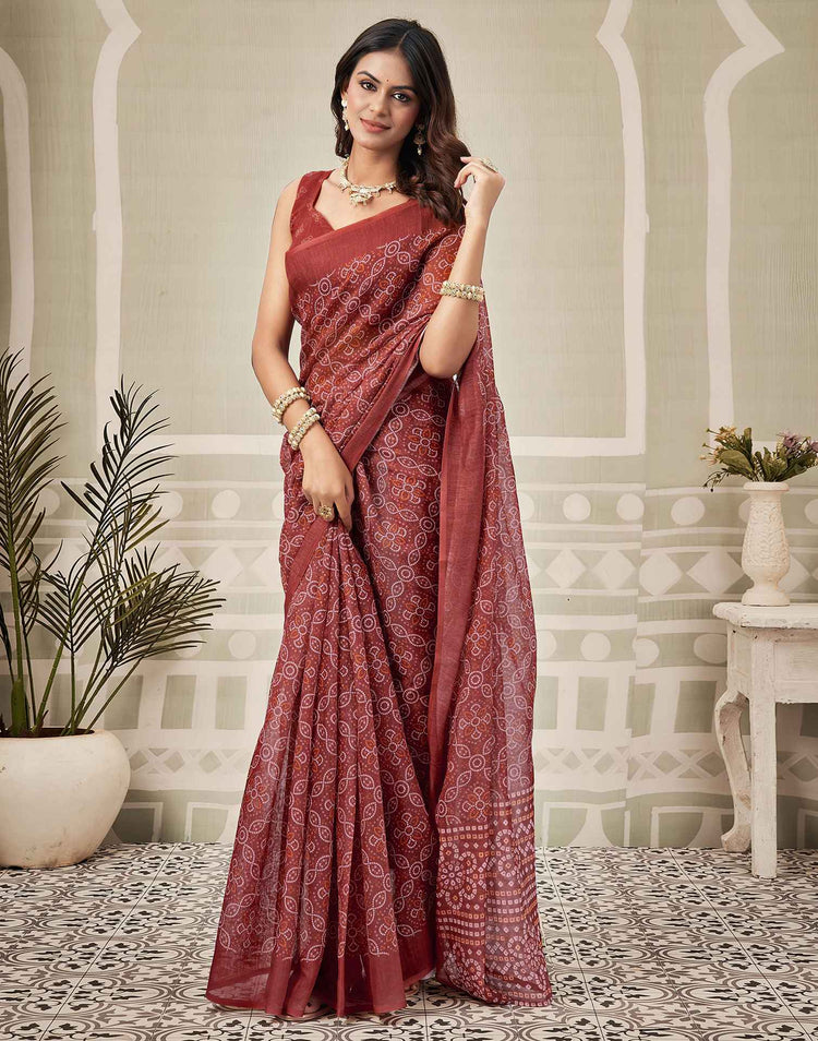 Dusty Maroon Linen Bandhani Printed Saree