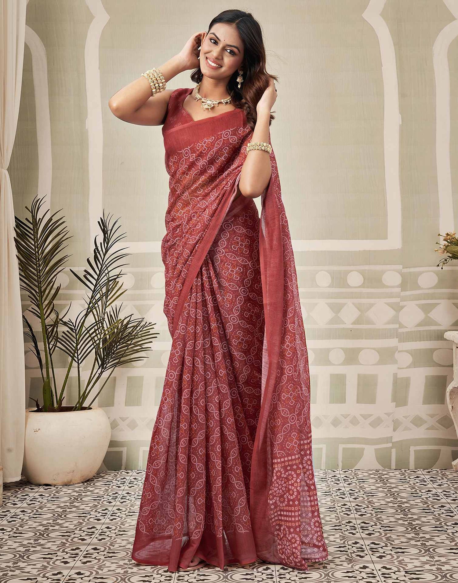 Dusty Maroon Linen Bandhani Printed Saree