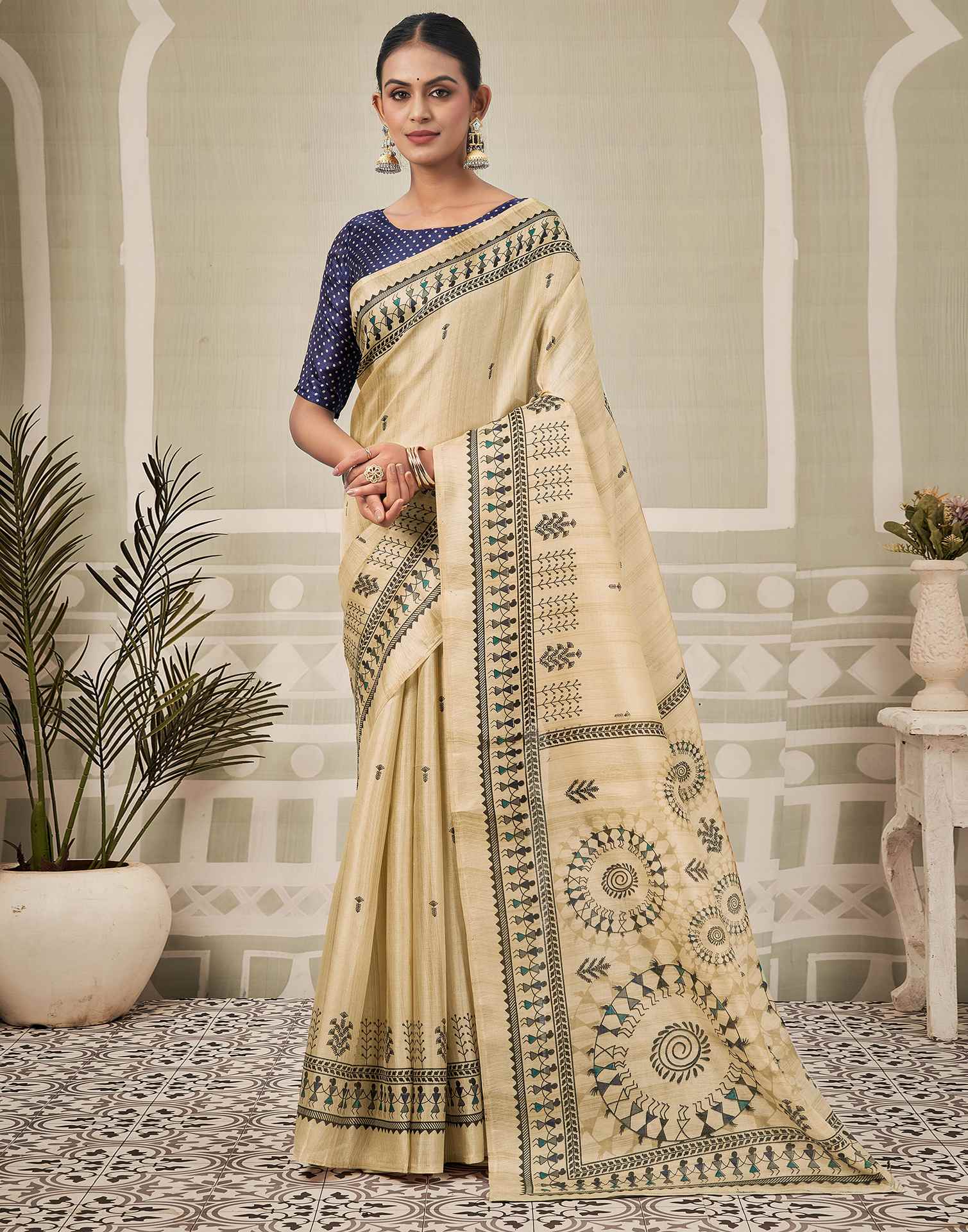 Beige Khadi Printed Saree