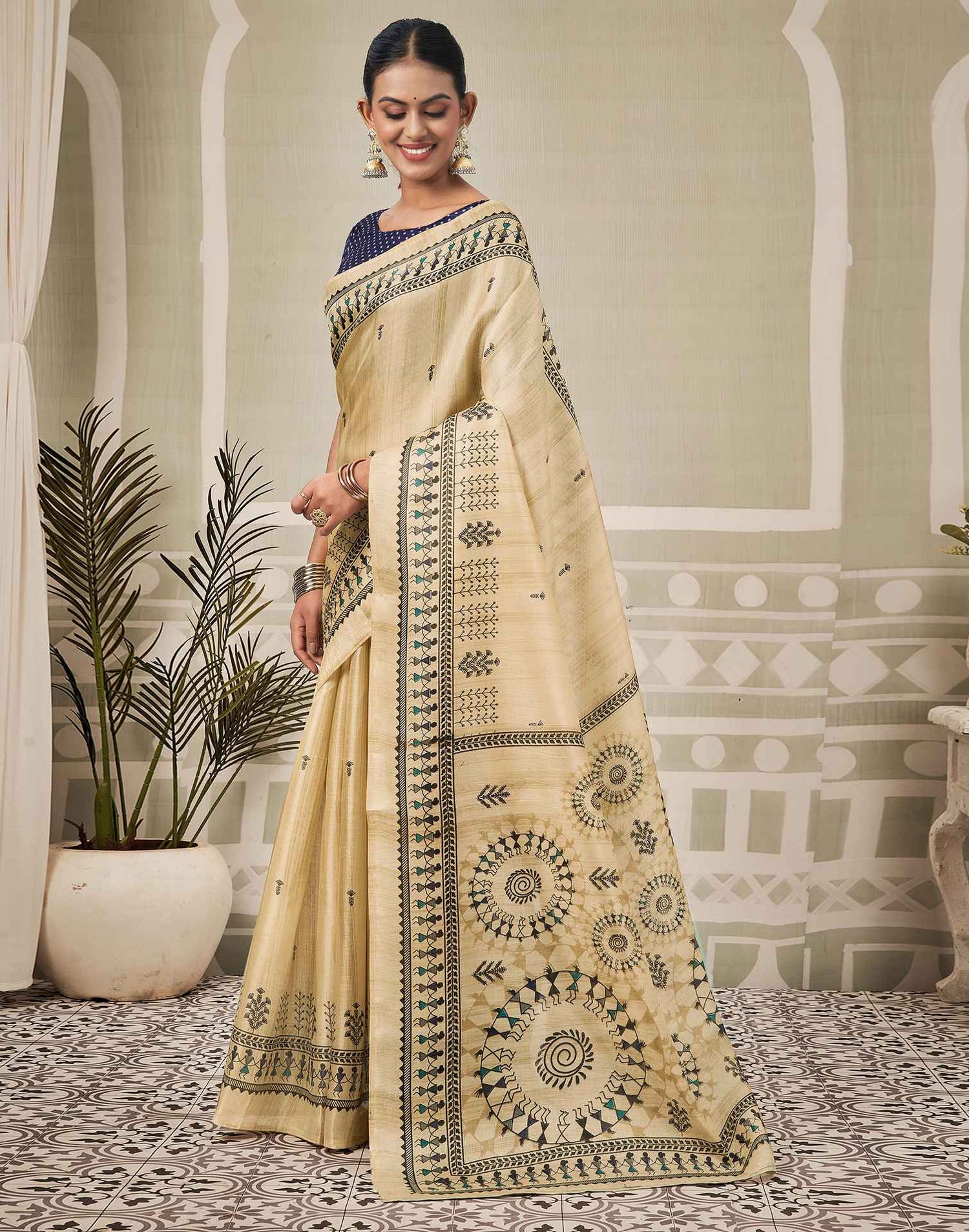 Beige Khadi Printed Saree