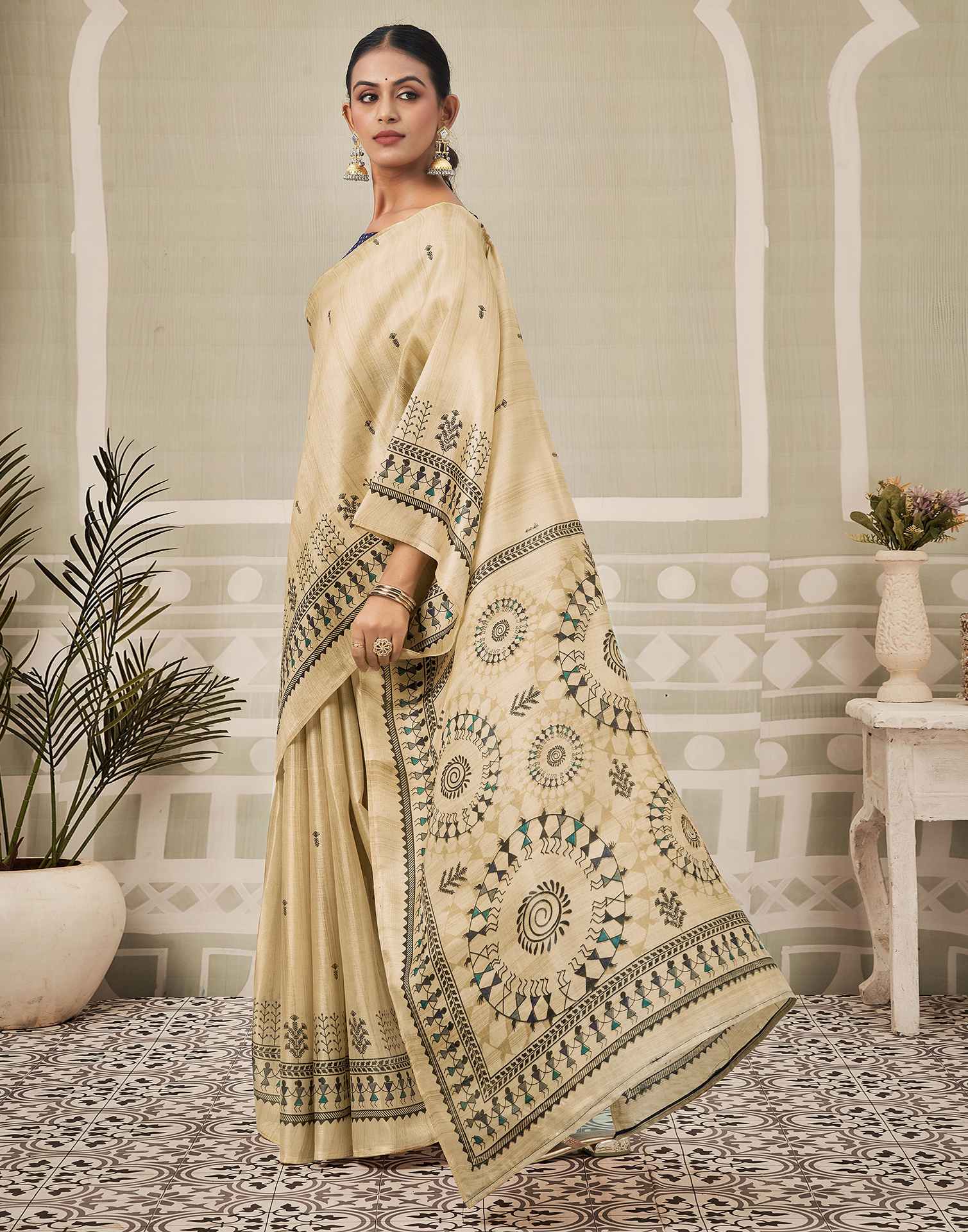 Beige Khadi Printed Saree