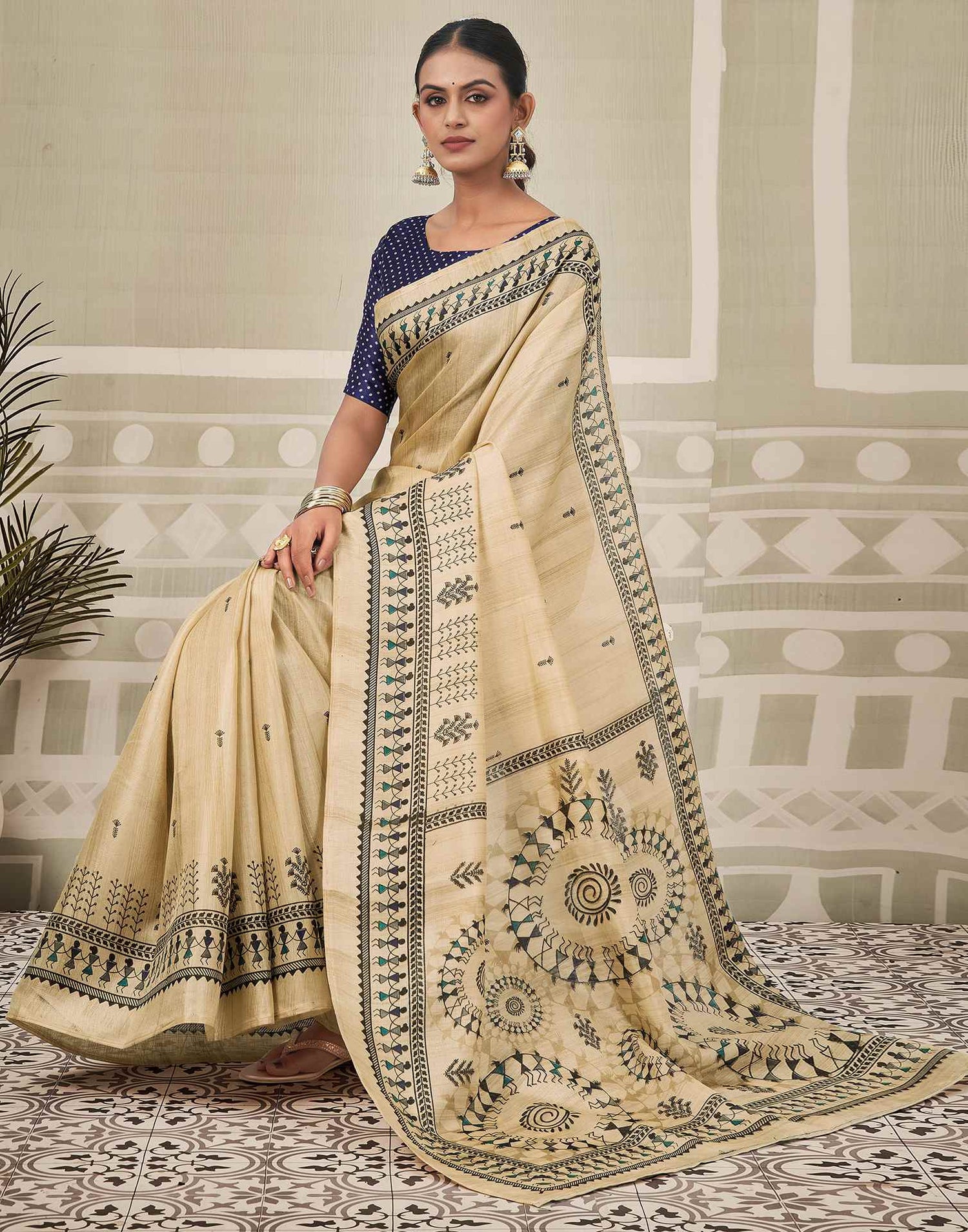 Beige Khadi Printed Saree