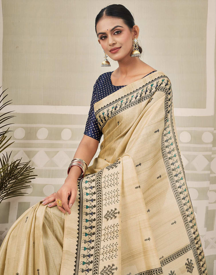 Beige Khadi Printed Saree