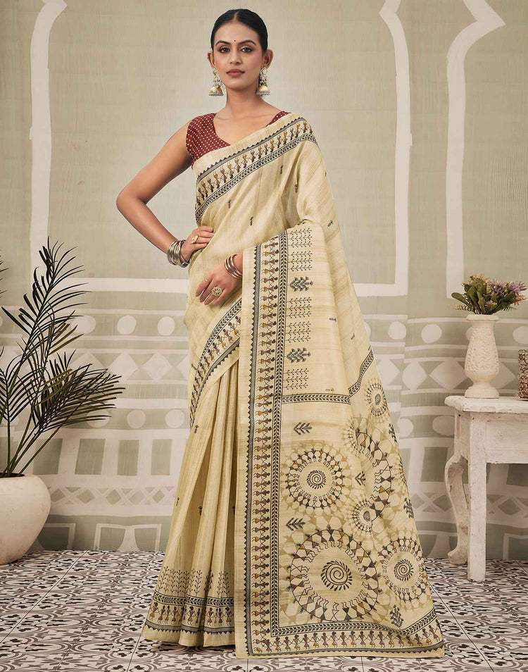 Beige Khadi Warli Printed Saree
