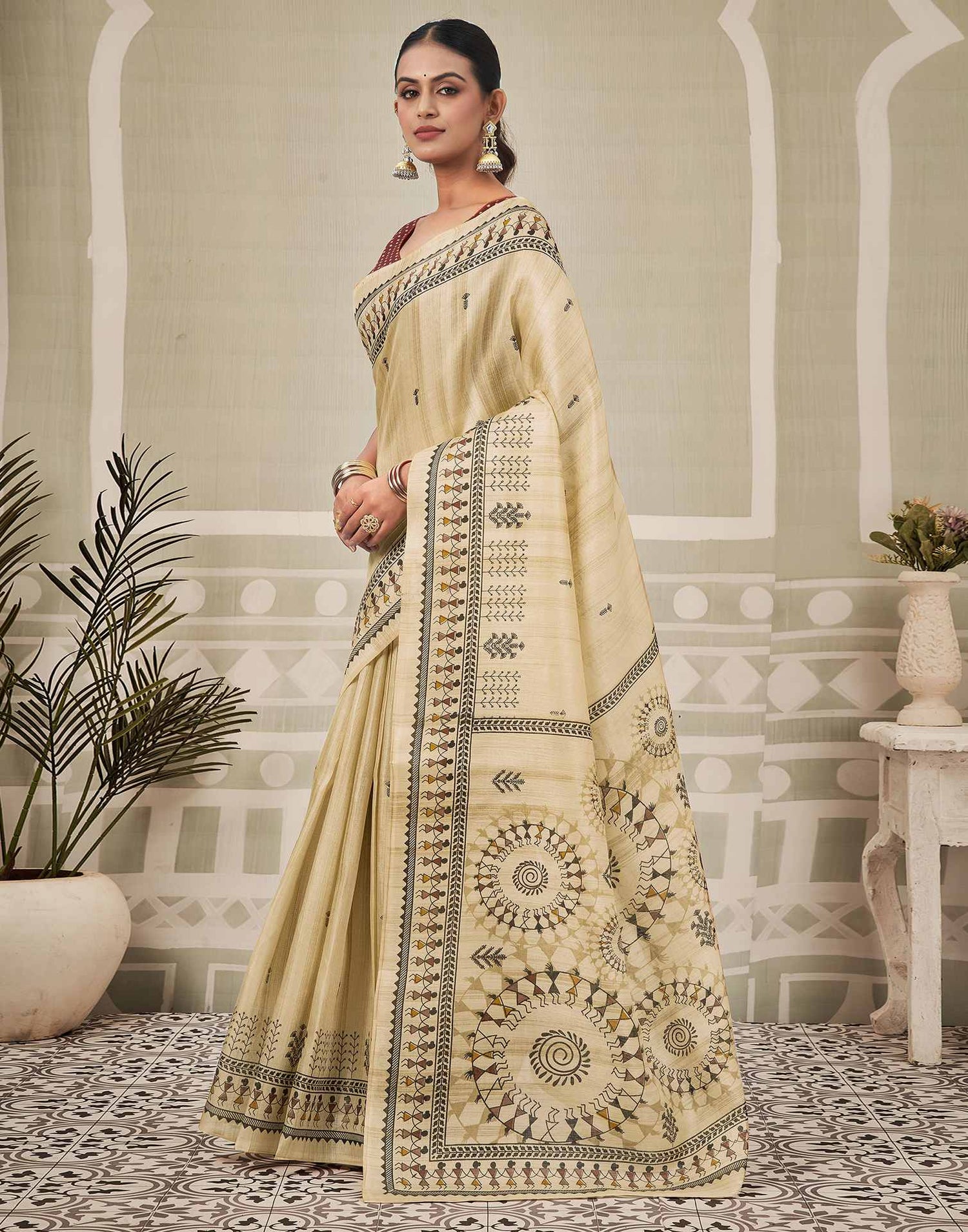Beige Khadi Warli Printed Saree