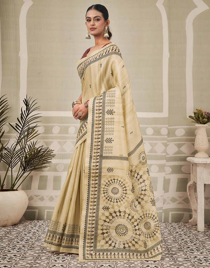 Beige Khadi Warli Printed Saree
