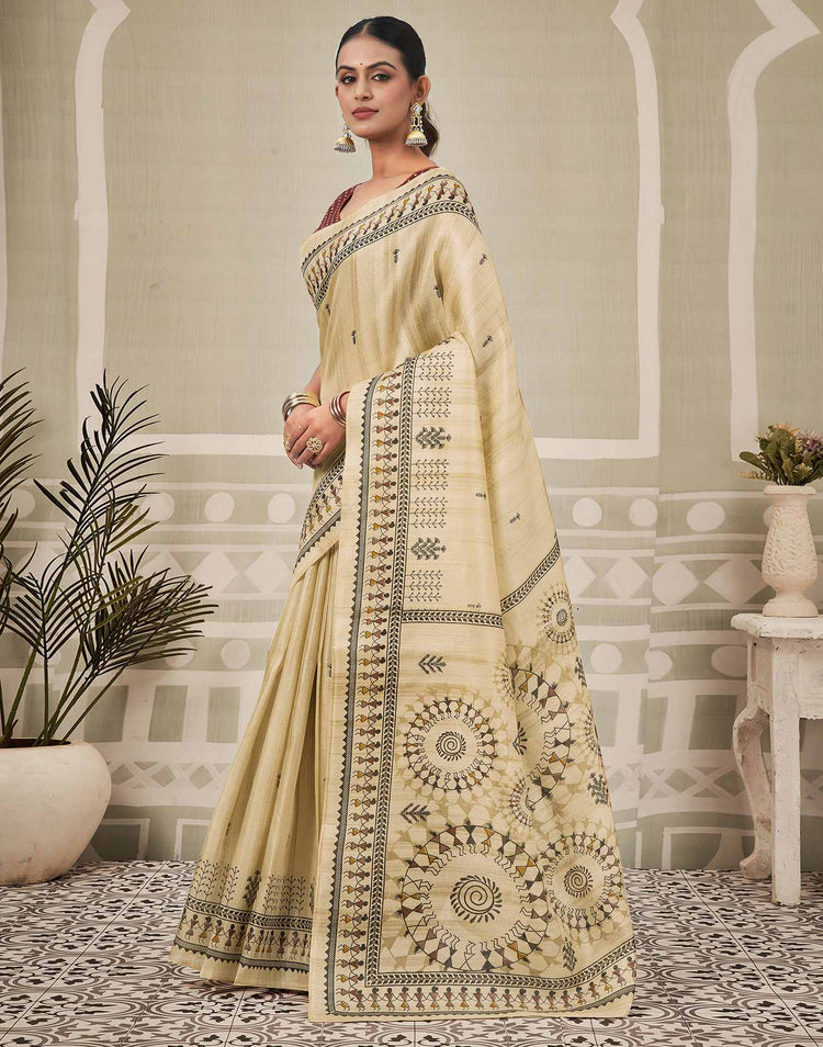 Beige Khadi Warli Printed Saree