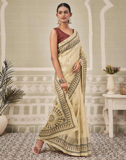Beige Khadi Warli Printed Saree