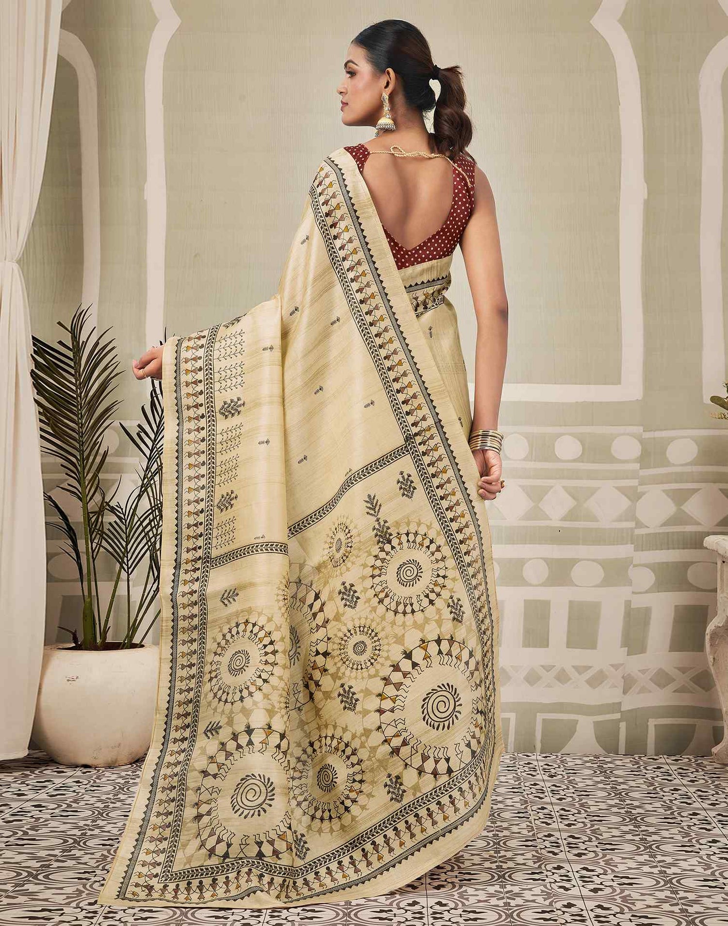 Beige Khadi Warli Printed Saree