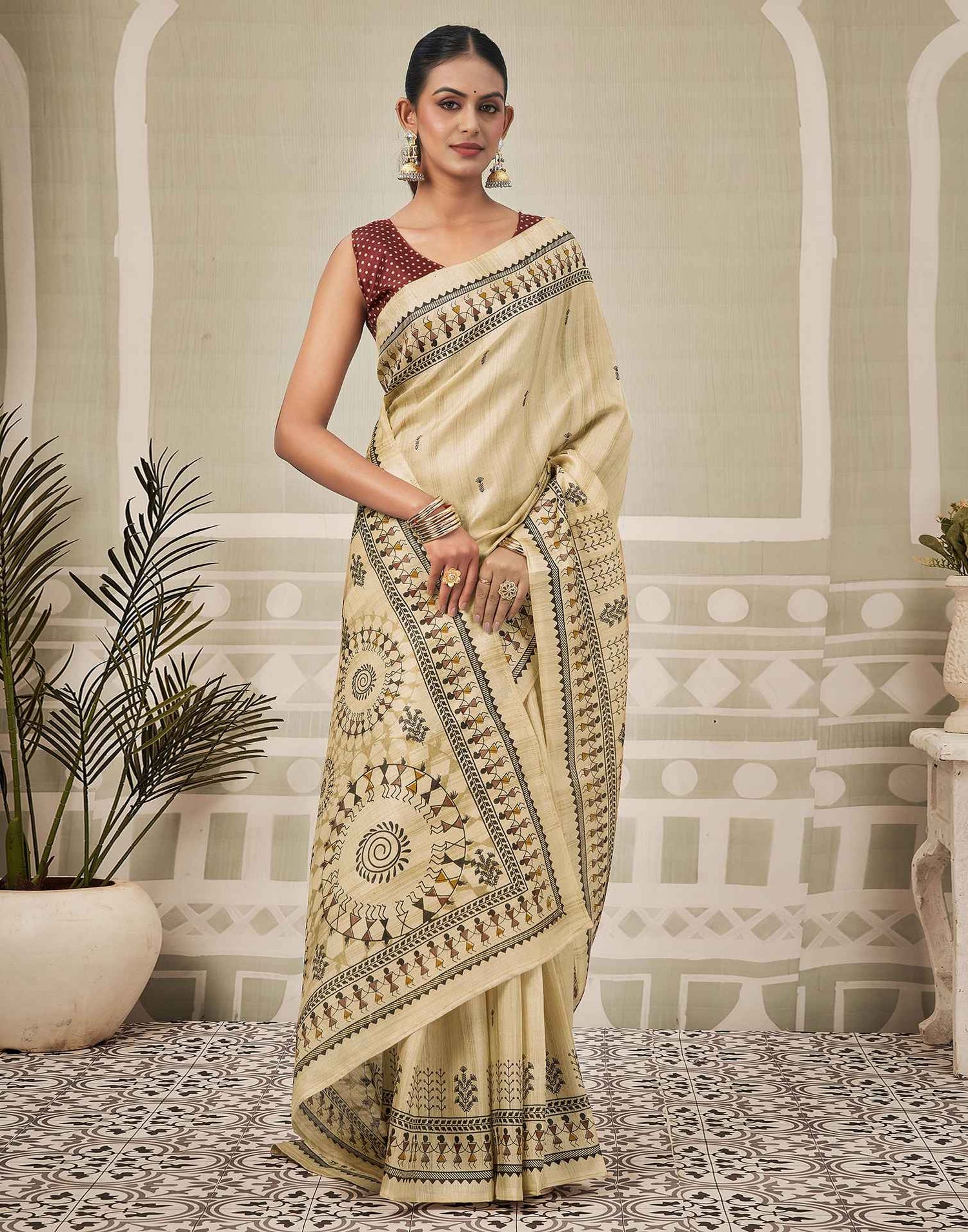 Beige Khadi Warli Printed Saree