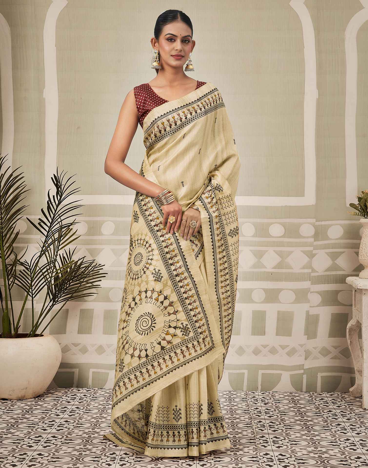 Beige Khadi Warli Printed Saree