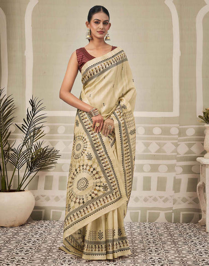 Beige Khadi Warli Printed Saree