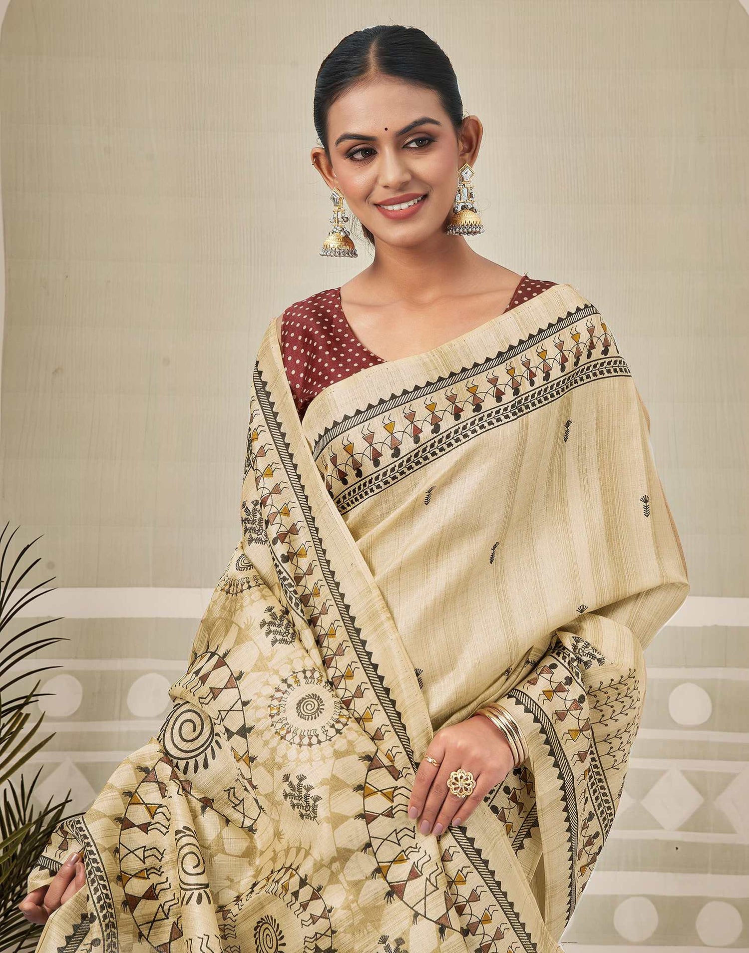 Beige Khadi Warli Printed Saree