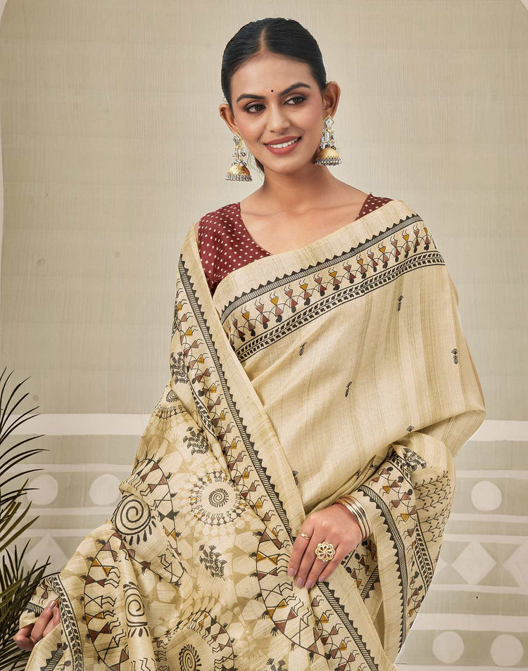 Beige Khadi Warli Printed Saree