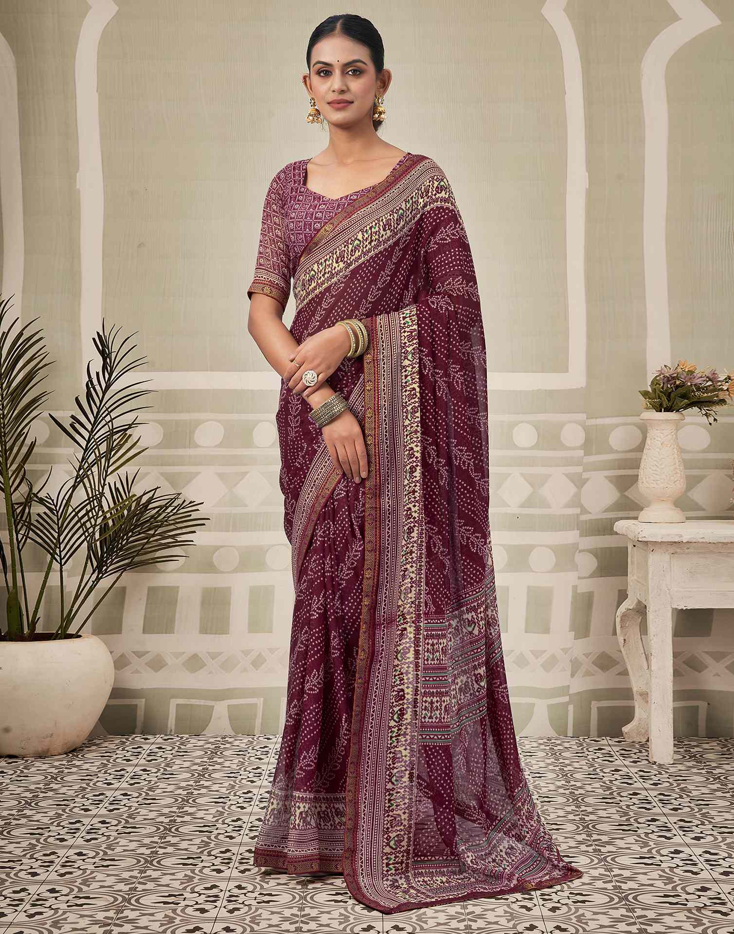 Wine Georgette Bandhani Saree