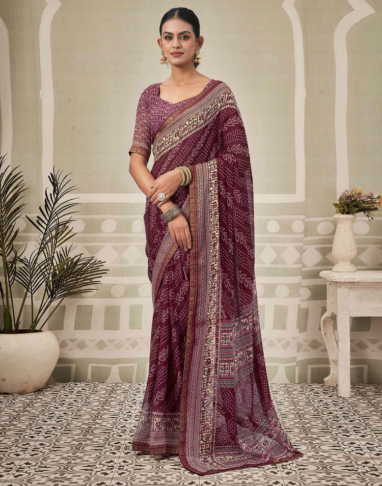 Wine Georgette Bandhani Saree