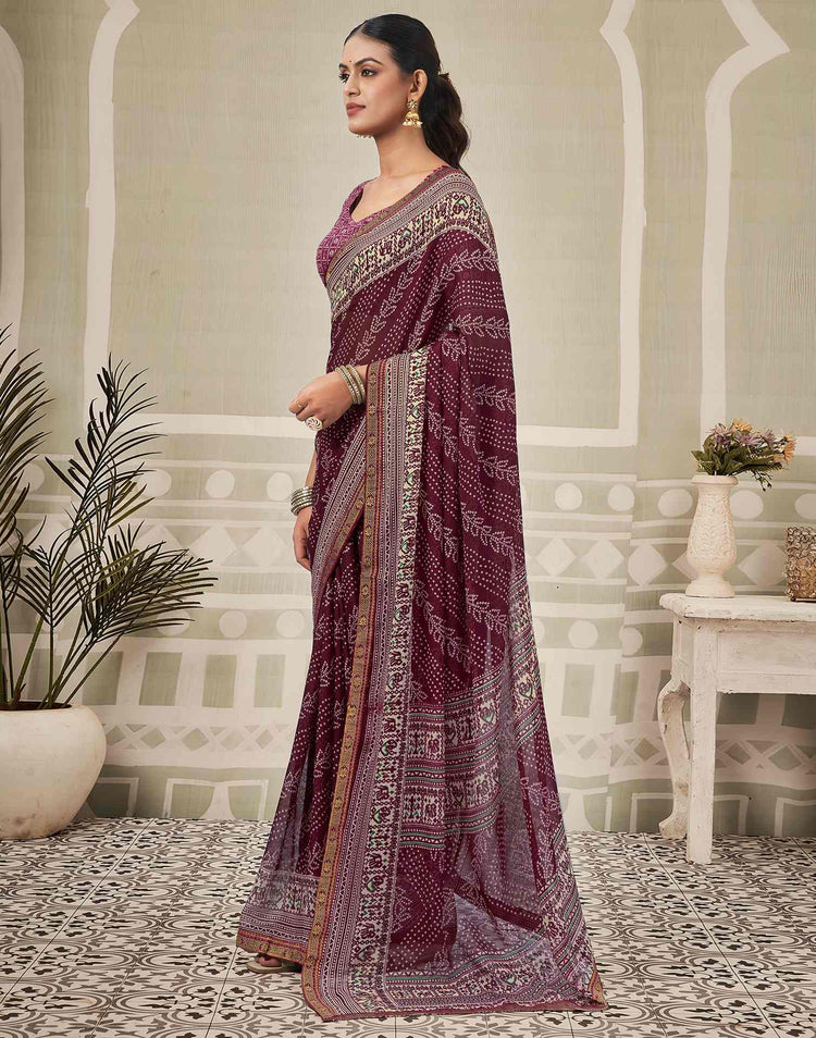 Wine Georgette Bandhani Saree