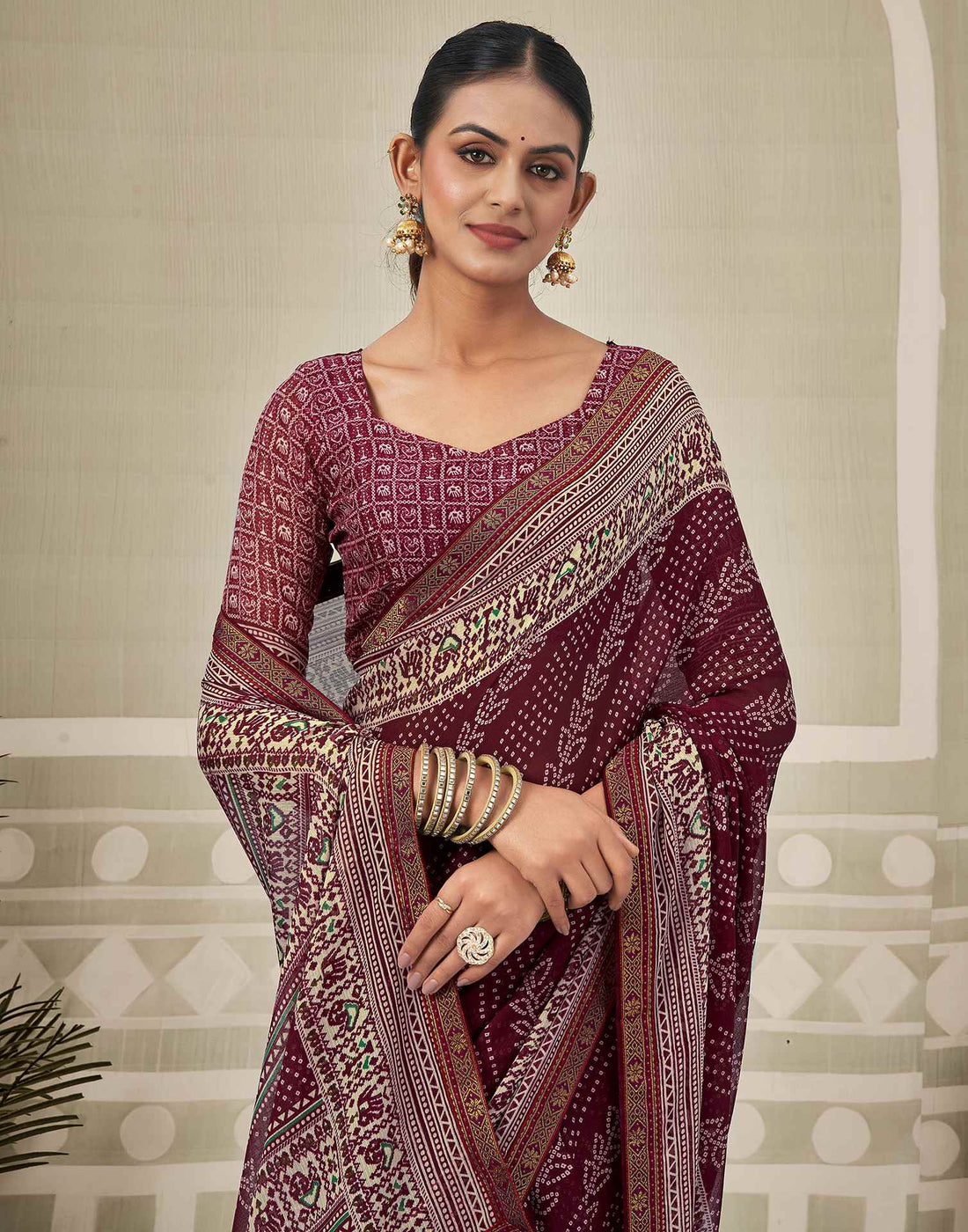 Wine Georgette Bandhani Saree