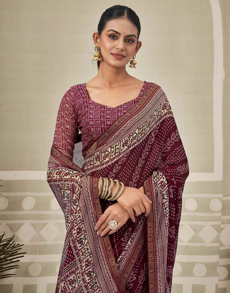 Wine Georgette Bandhani Saree