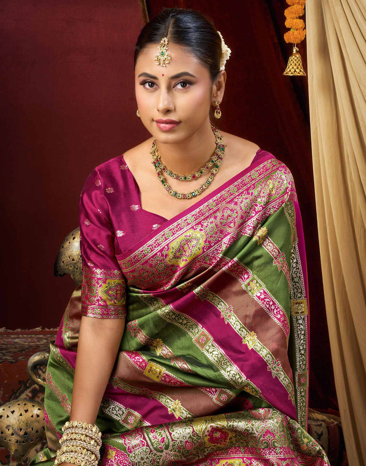 Parrot Green Silk Woven Banarasi Saree