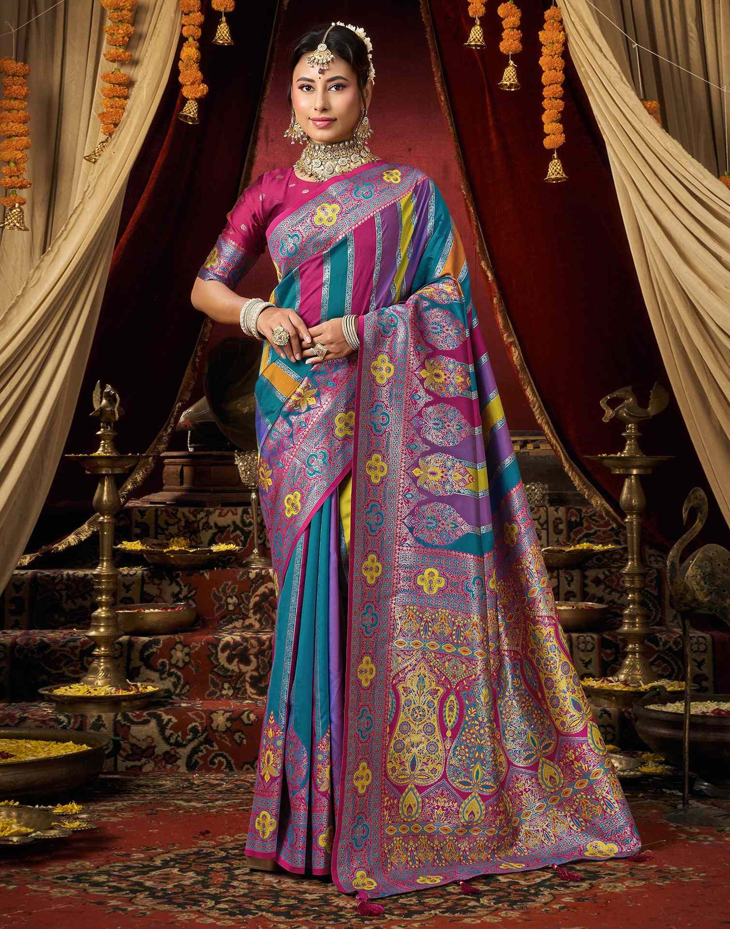 Teal Blue Silk Woven Banarasi Saree