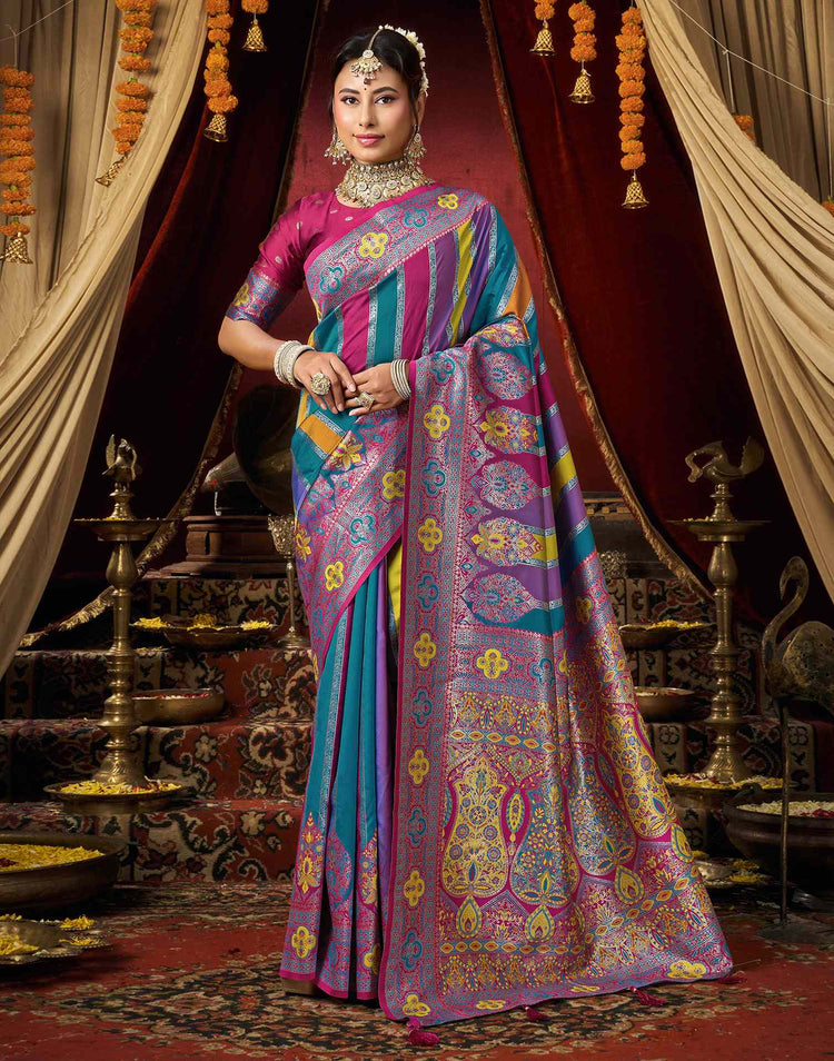 Teal Blue Silk Woven Banarasi Saree