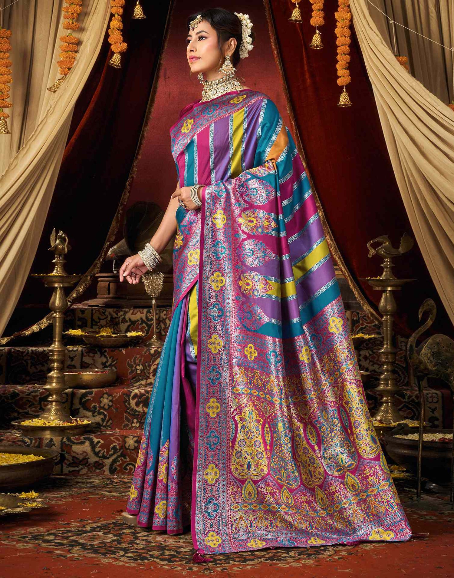 Teal Blue Silk Woven Banarasi Saree