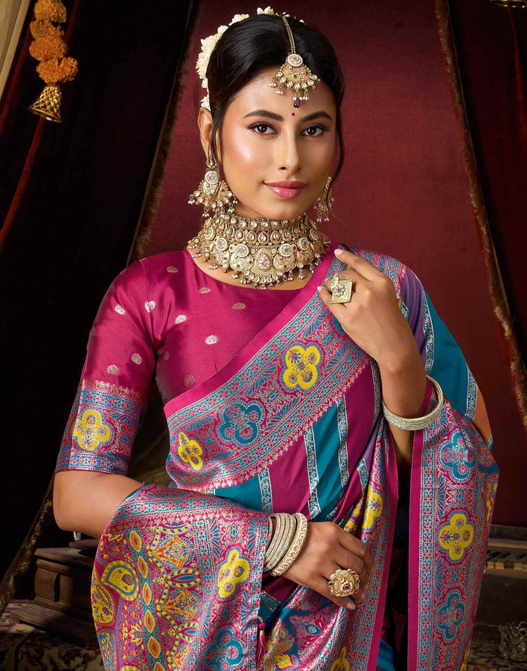 Teal Blue Silk Woven Banarasi Saree