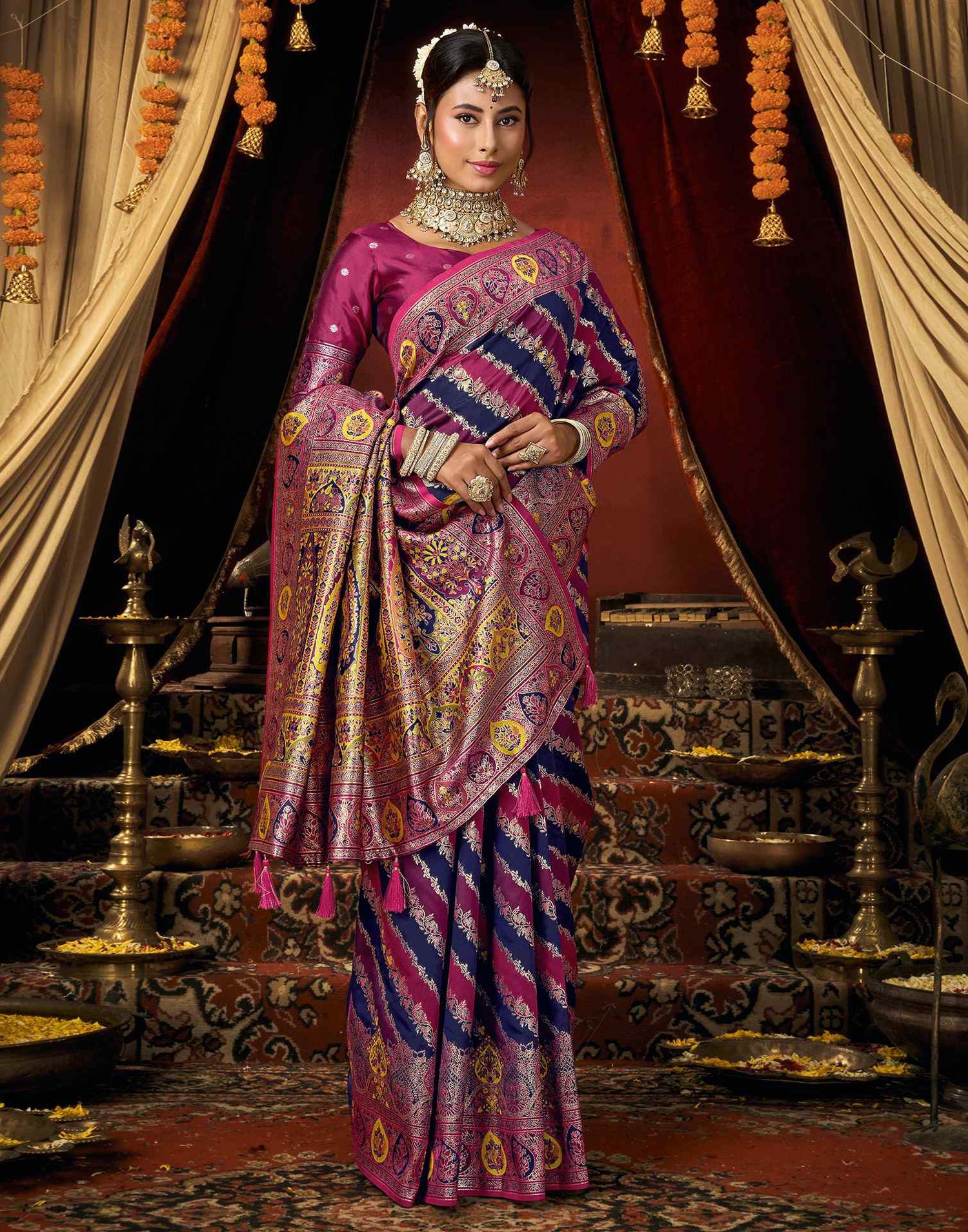 Navy Blue Silk Woven Banarasi Saree