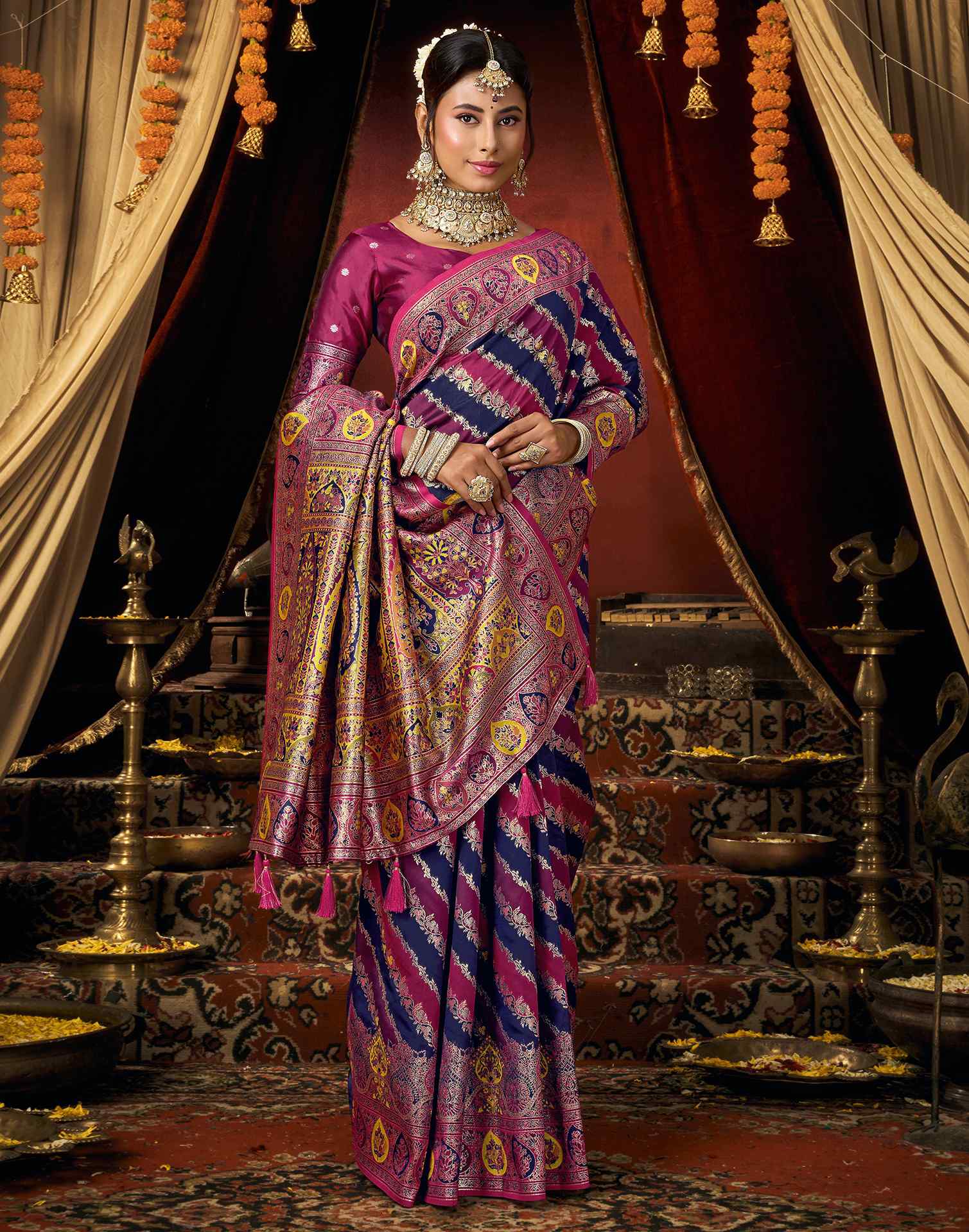 Navy Blue Silk Woven Banarasi Saree