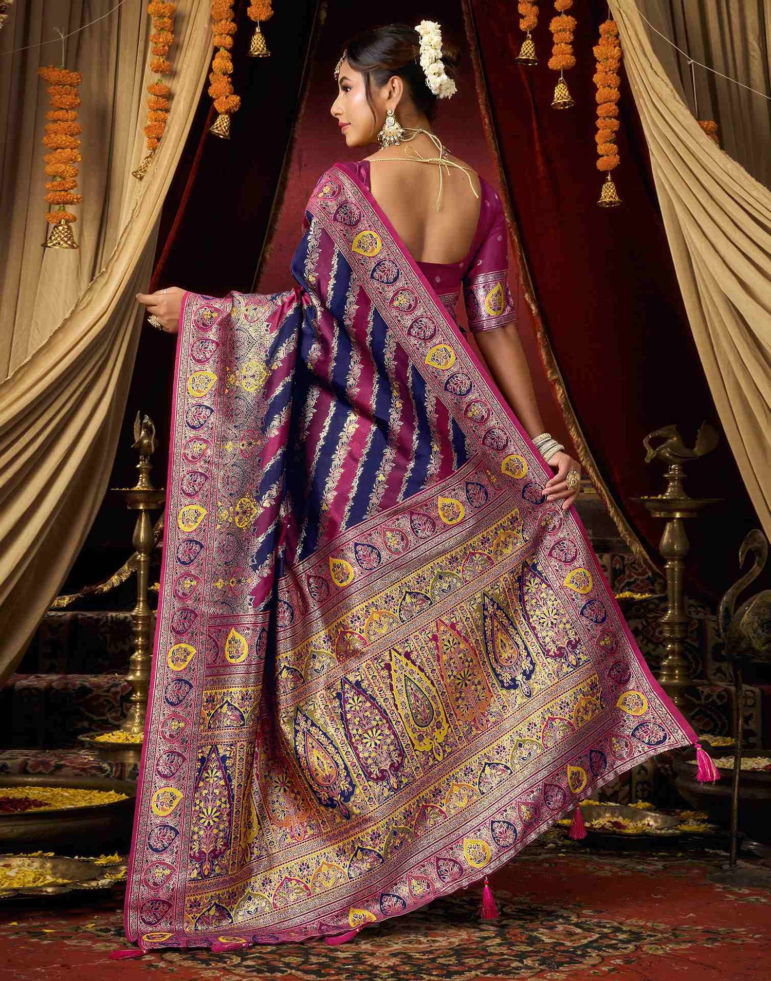 Navy Blue Silk Woven Banarasi Saree