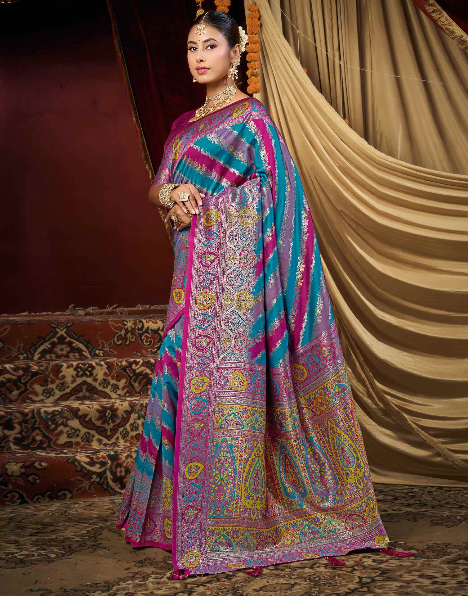 Teal Blue Silk Woven Banarasi Saree