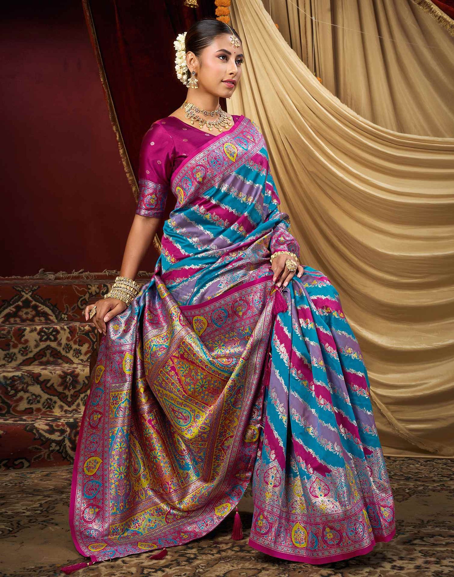 Teal Blue Silk Woven Banarasi Saree