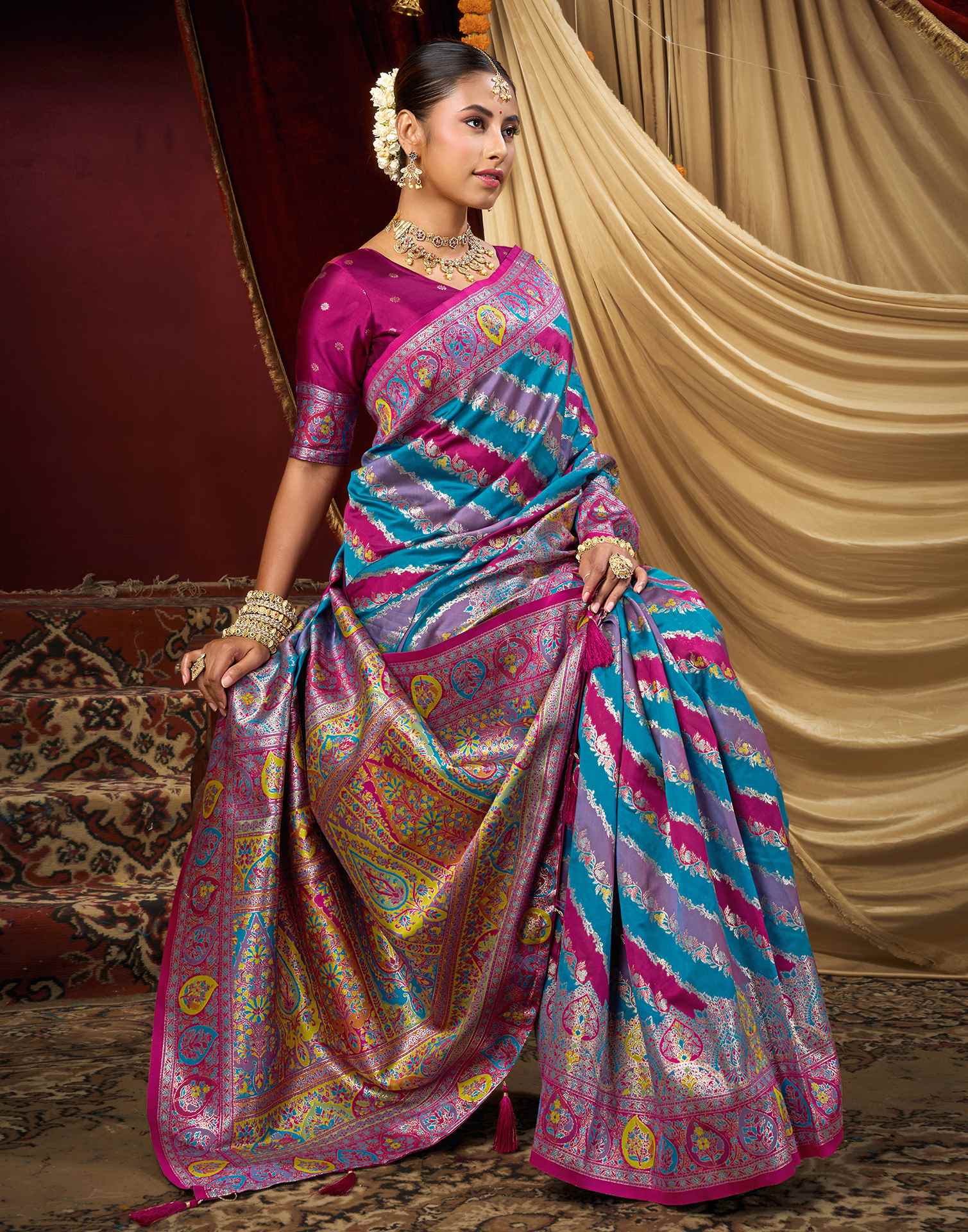 Teal Blue Silk Woven Banarasi Saree