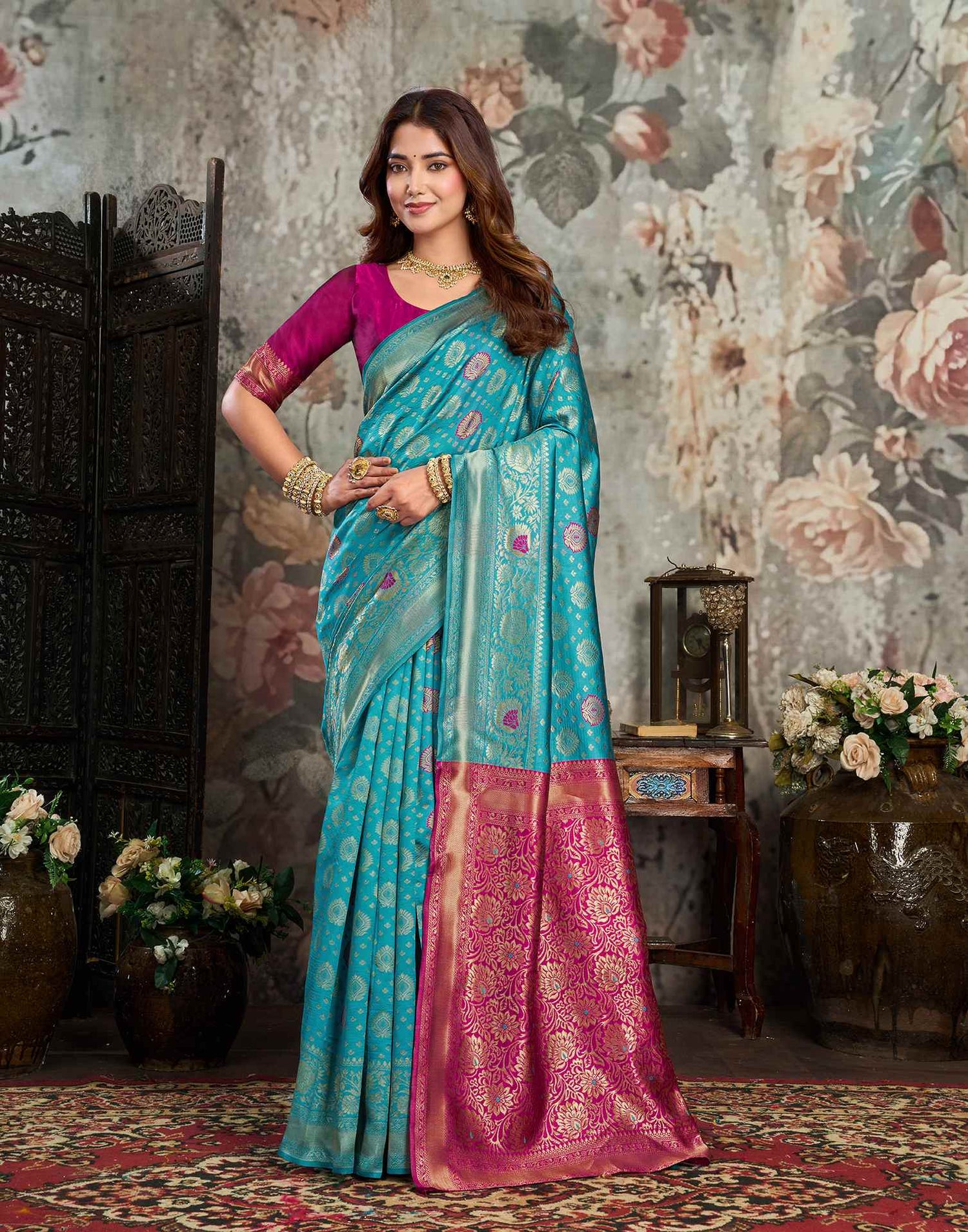 Teal blue Silk Woven Banarasi Saree