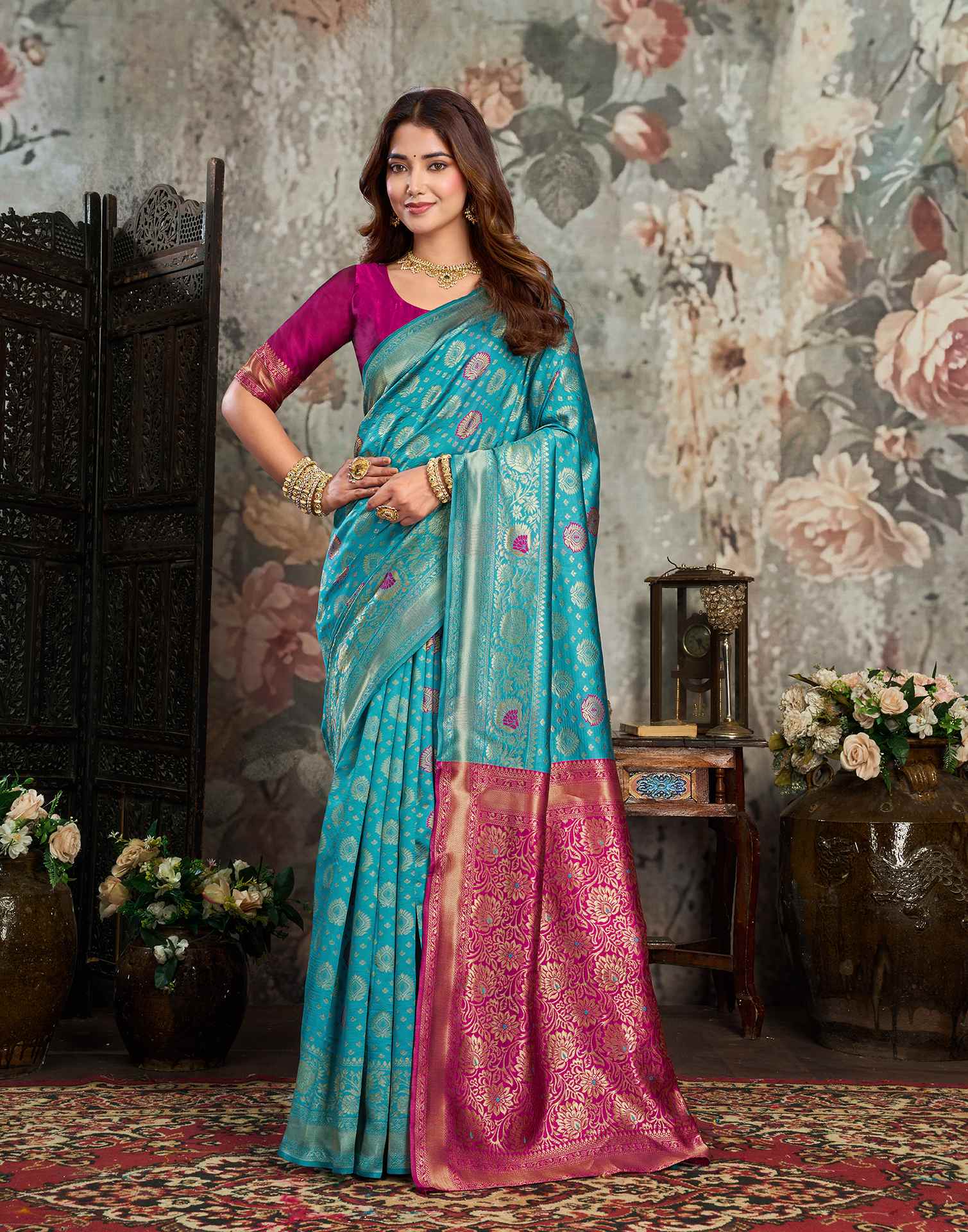Teal blue Silk Woven Banarasi Saree