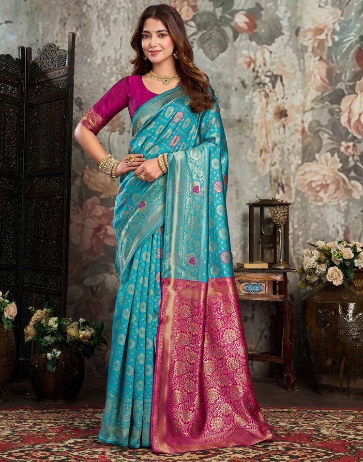 Teal blue Silk Woven Banarasi Saree