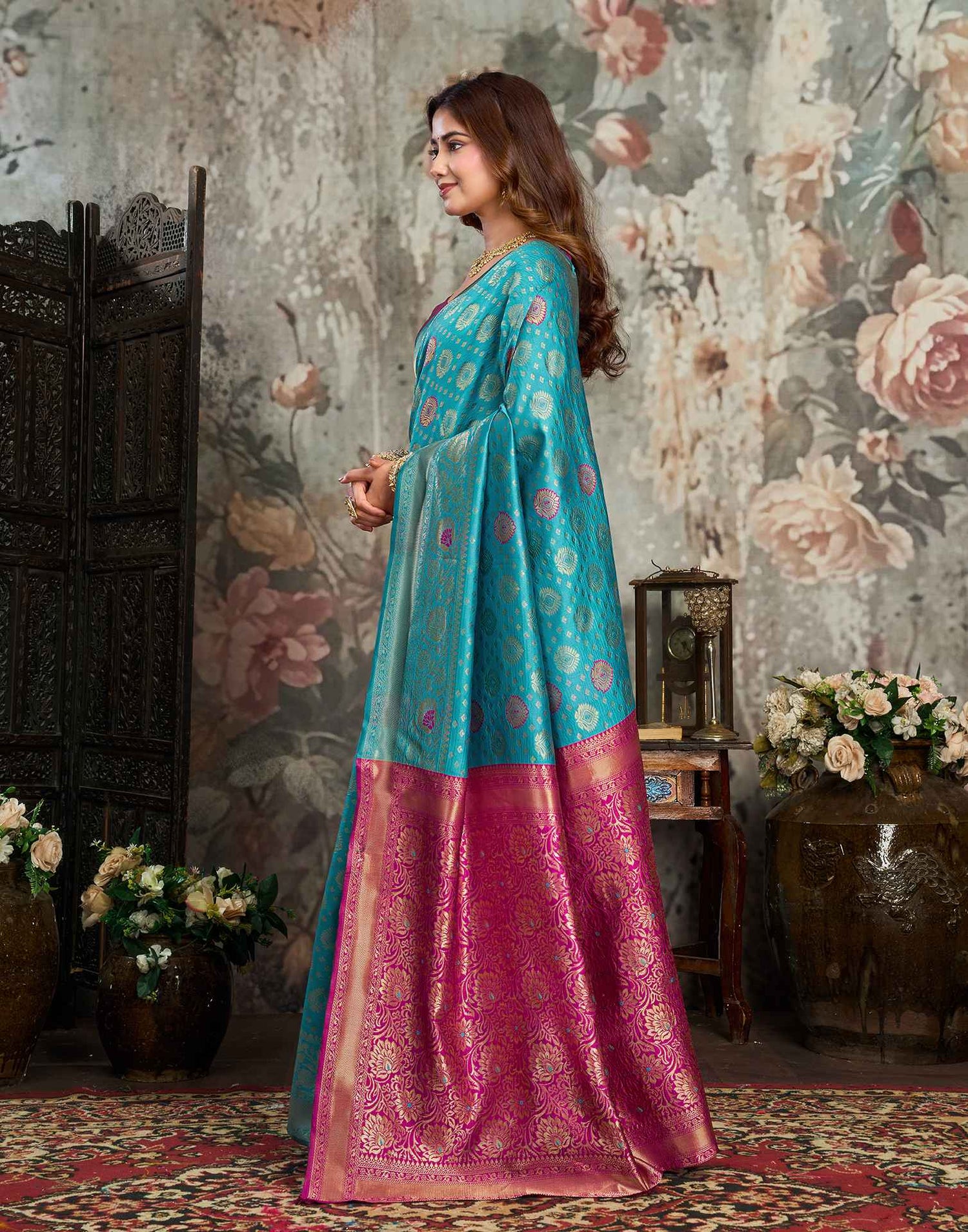 Teal blue Silk Woven Banarasi Saree