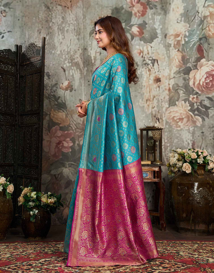 Teal blue Silk Woven Banarasi Saree
