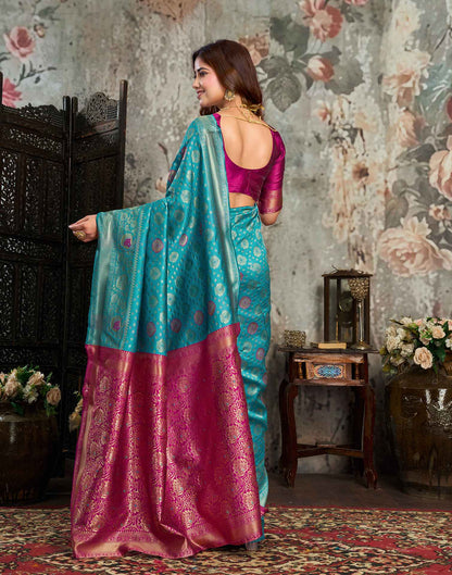 Teal blue Silk Woven Banarasi Saree
