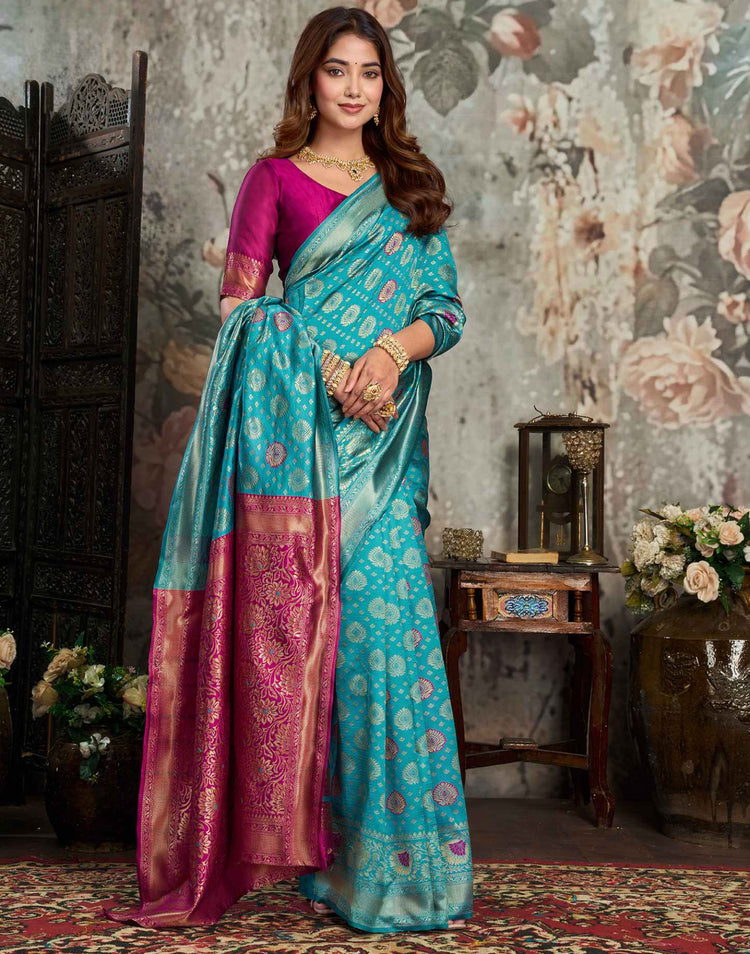 Teal blue Silk Woven Banarasi Saree
