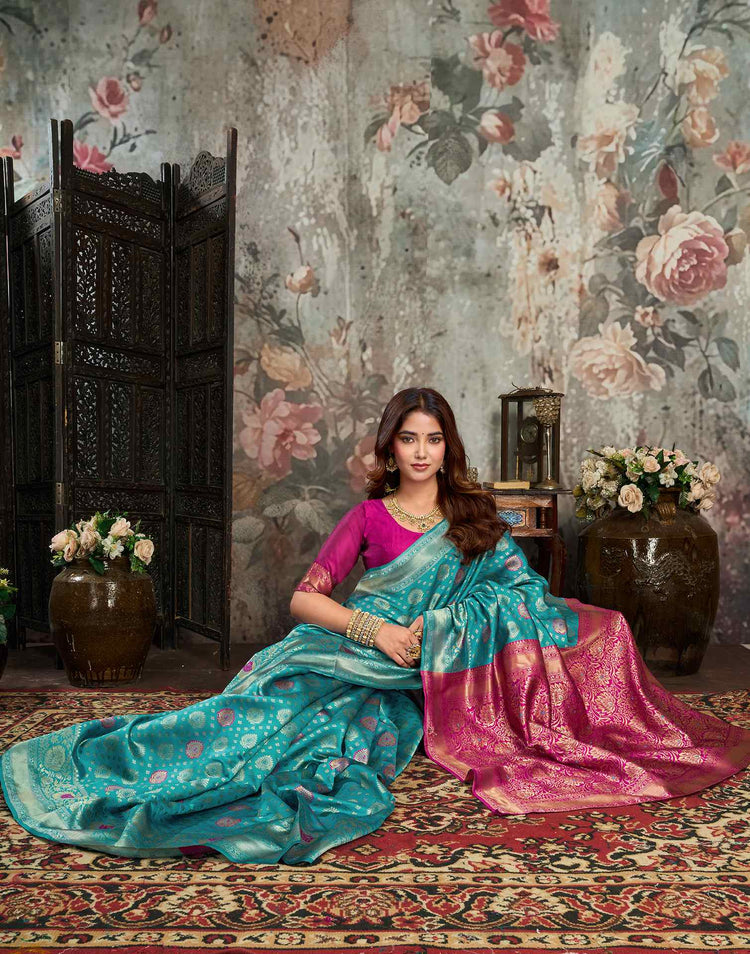 Teal blue Silk Woven Banarasi Saree