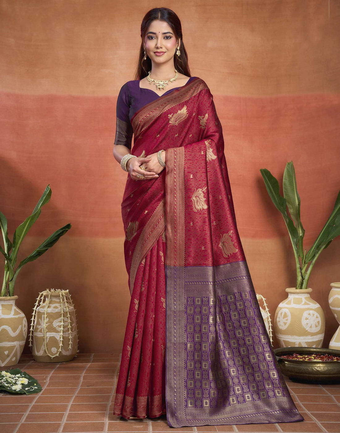 Maroon Silk Woven Banarasi Saree