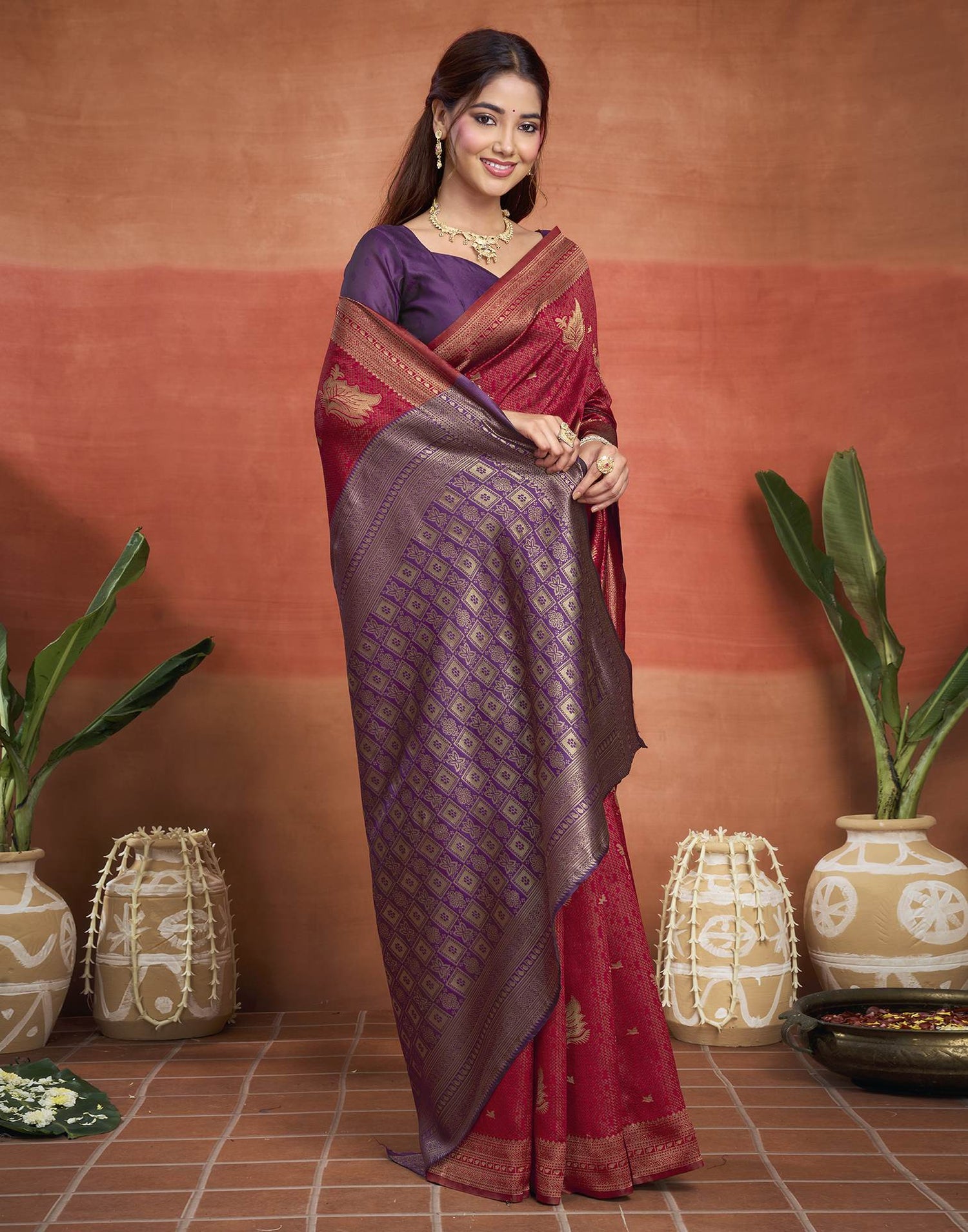 Maroon Silk Woven Banarasi Saree